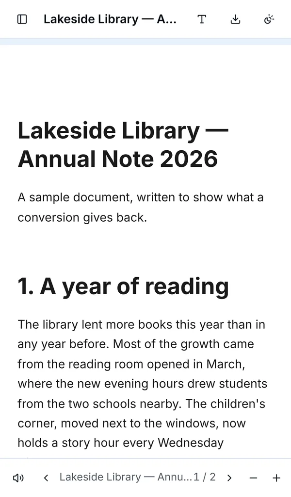 The same document on a phone, its text reflowed in large type, one column.